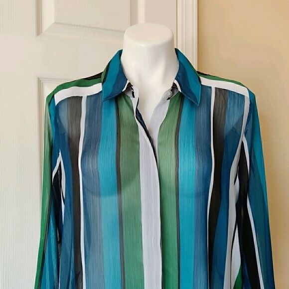 INC sheer striped button up blouse sz M - Picture 2 of 9